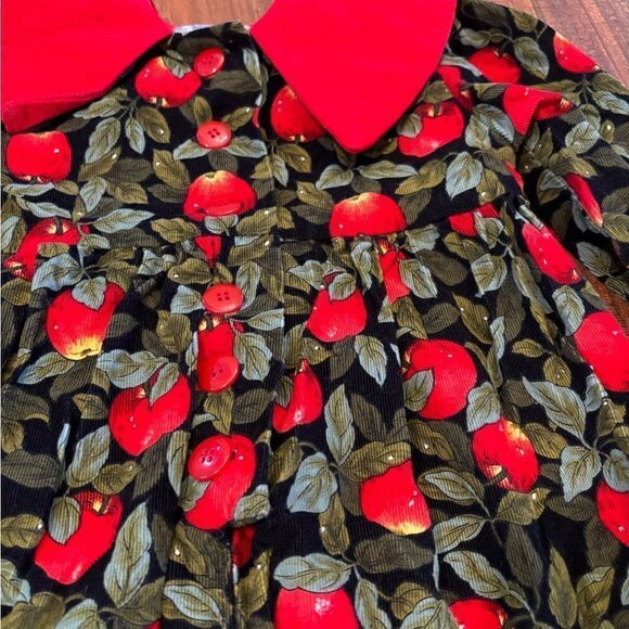 Red/green apple print lightweight corduroy vintage jumpsuit - Picture 5 of 6